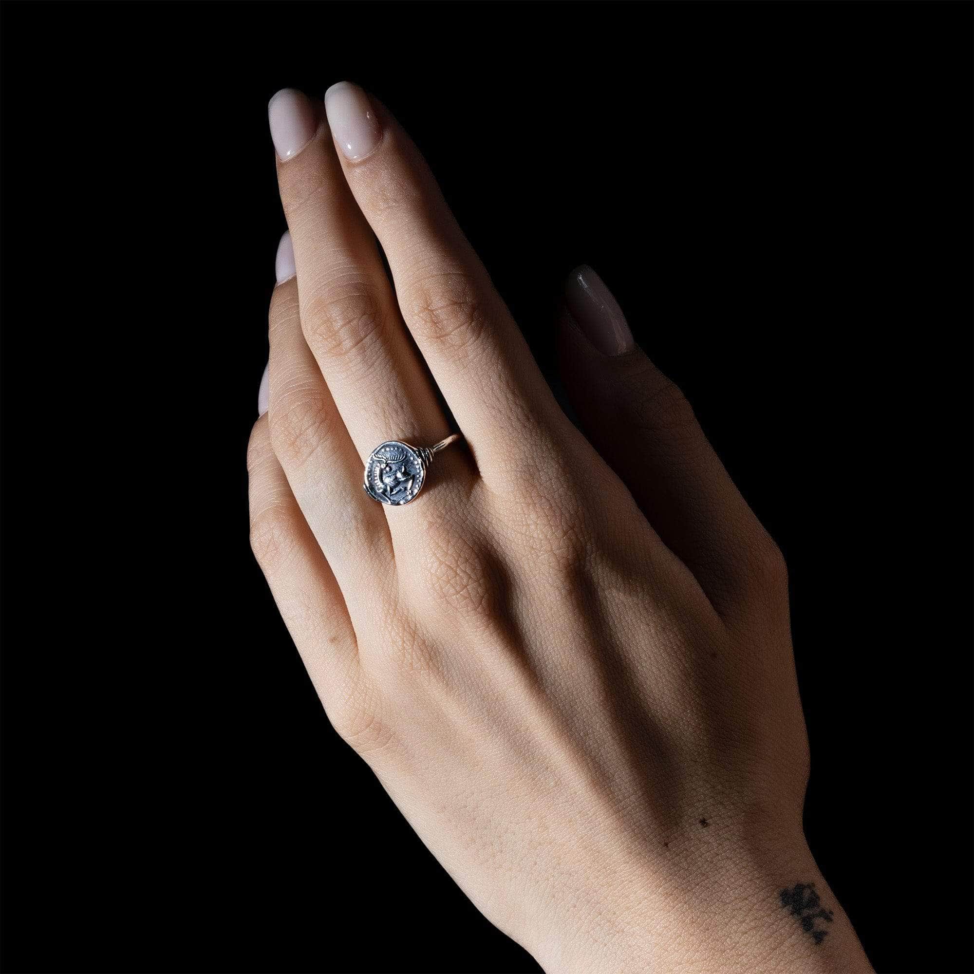 Oxidized 925 Silver Ring with Ancient Stag Seal Engraving