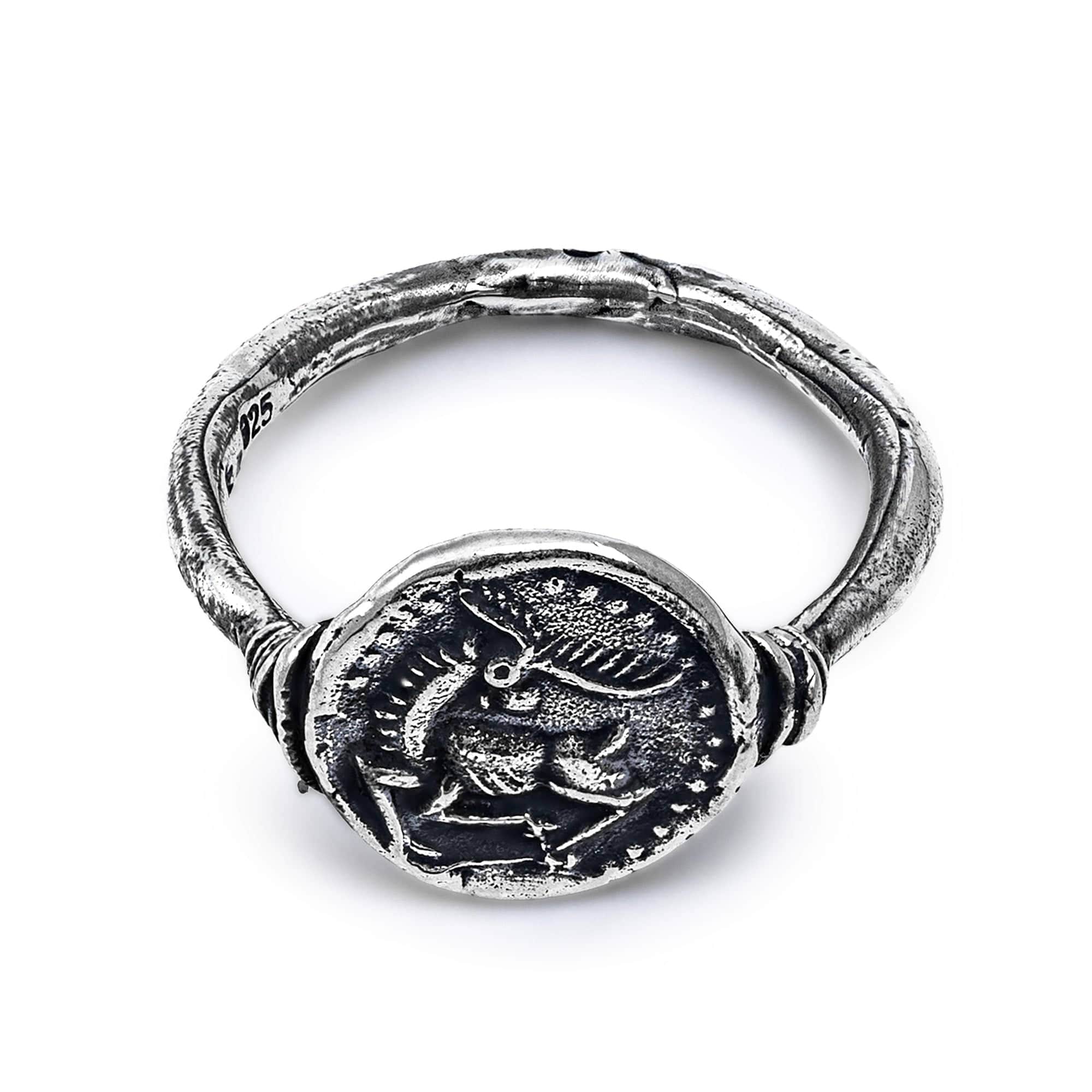 Oxidized 925 Silver Ring with Ancient Stag Seal Engraving