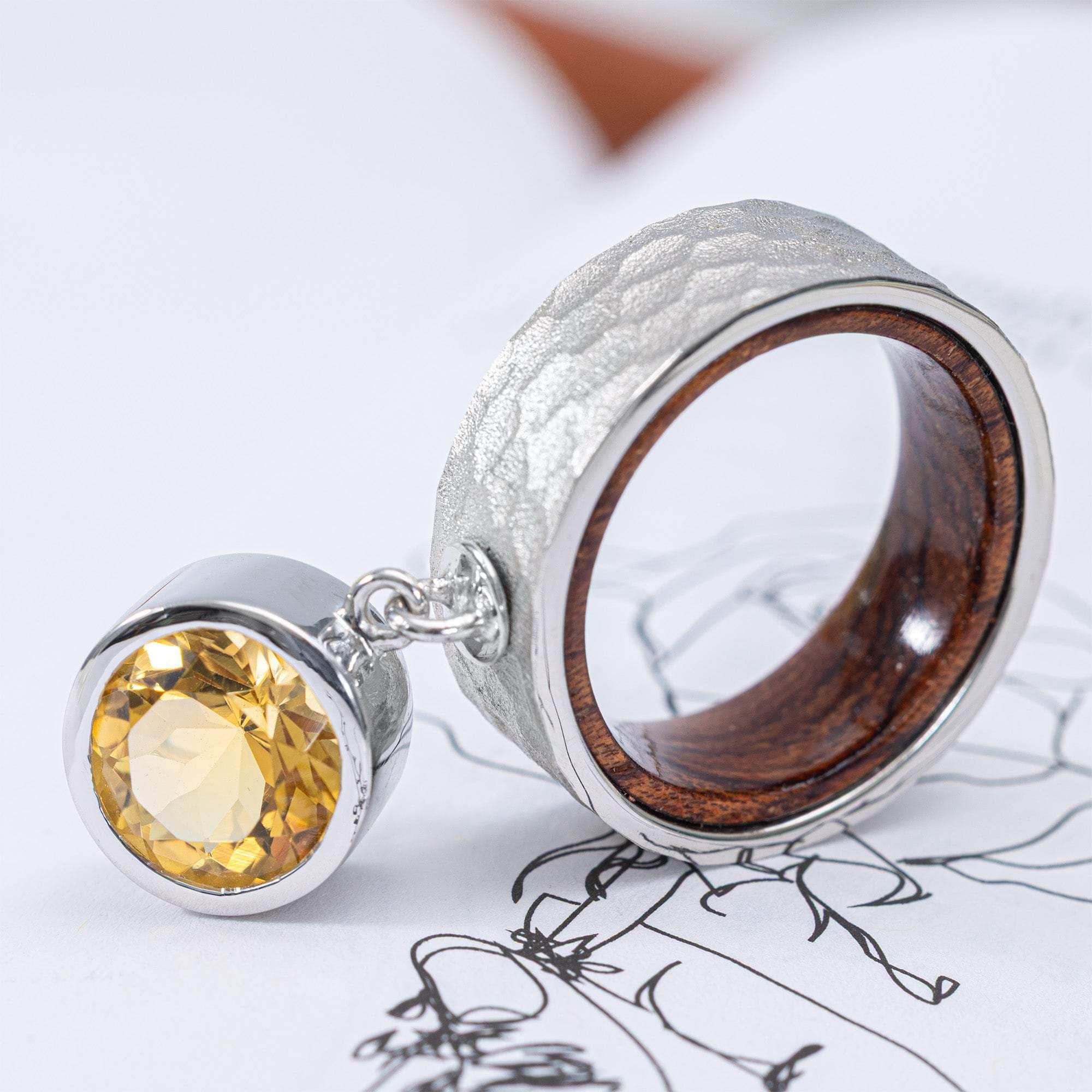 Peri Handmade Sterling Silver & Rosewood Ring with Natural Oval Citrine