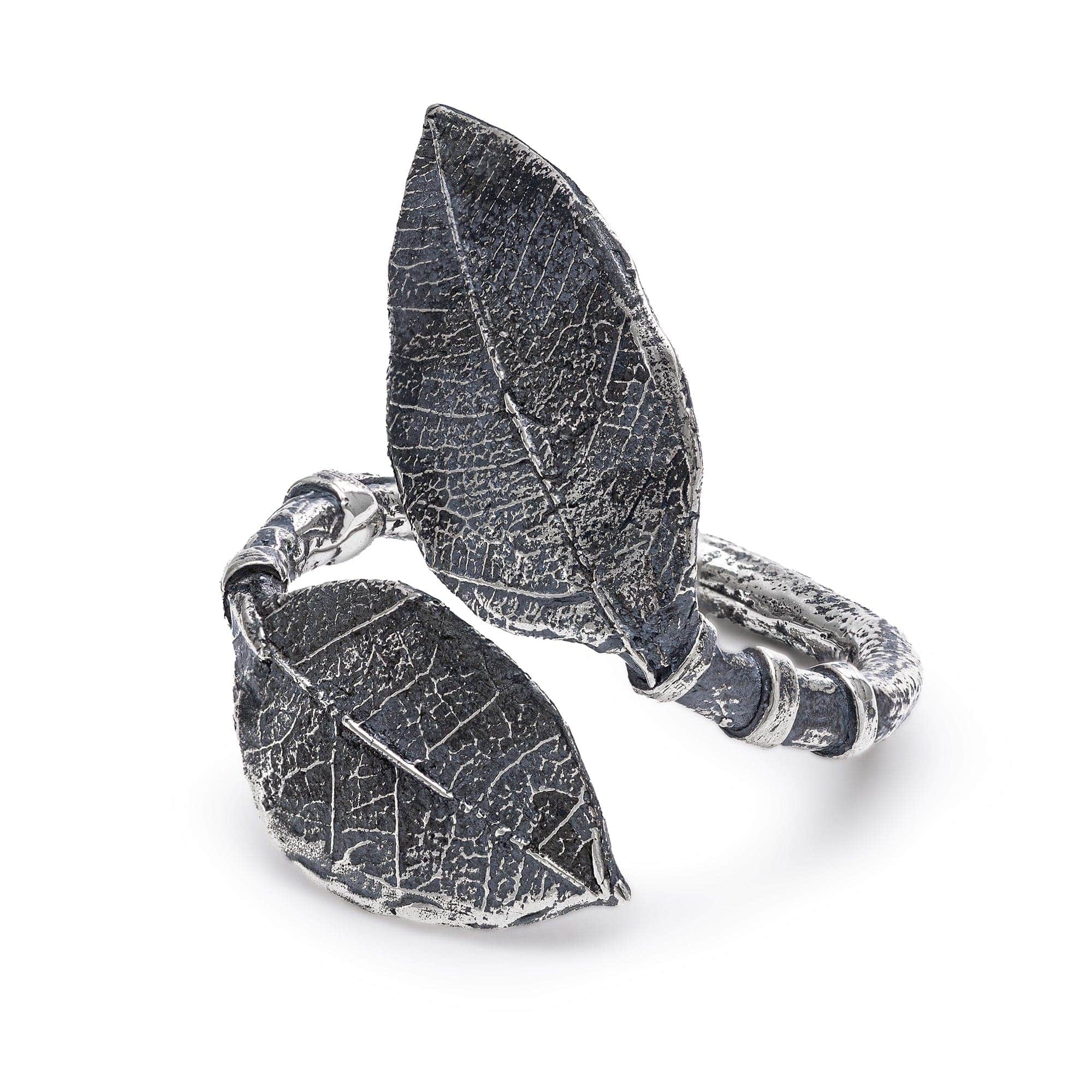 Petiole Oxidized Sterling Silver Ring with Dual Leaf Design