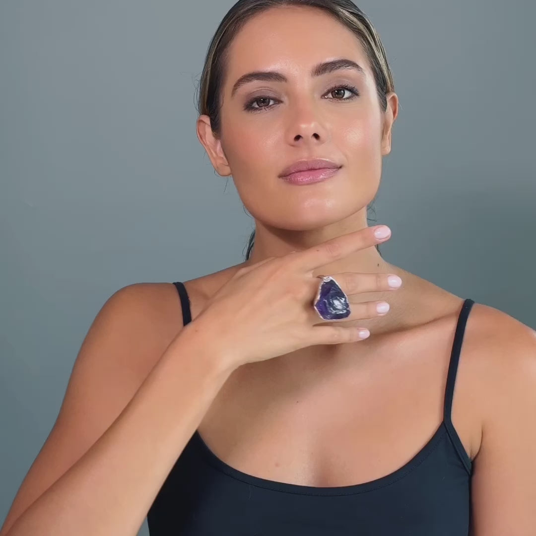 Taygeta Singular Statement Silver Ring with Natural Rough Amethyst & Sapphire