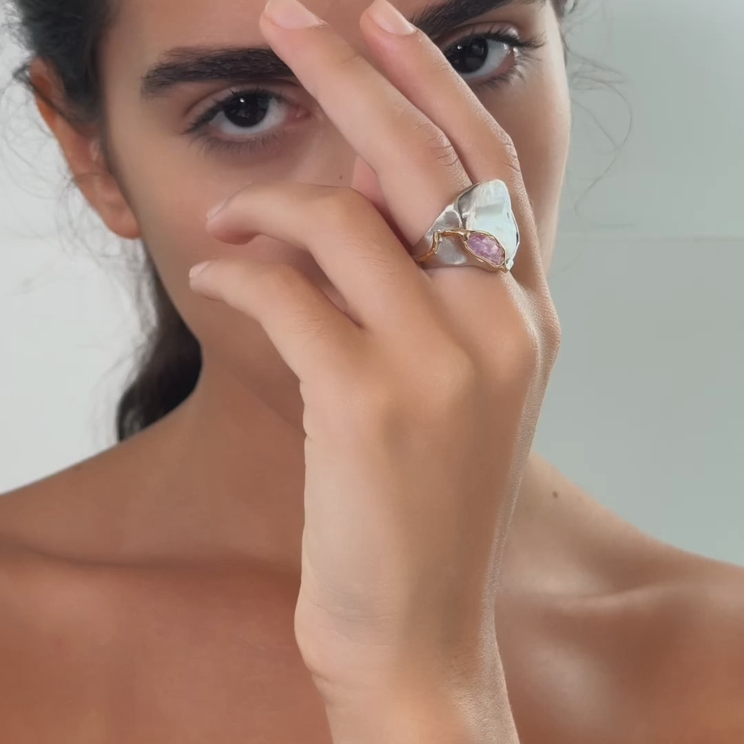 Yosa Handmade Limited Ring with Baroque Pearl and Raw Pink Sapphire