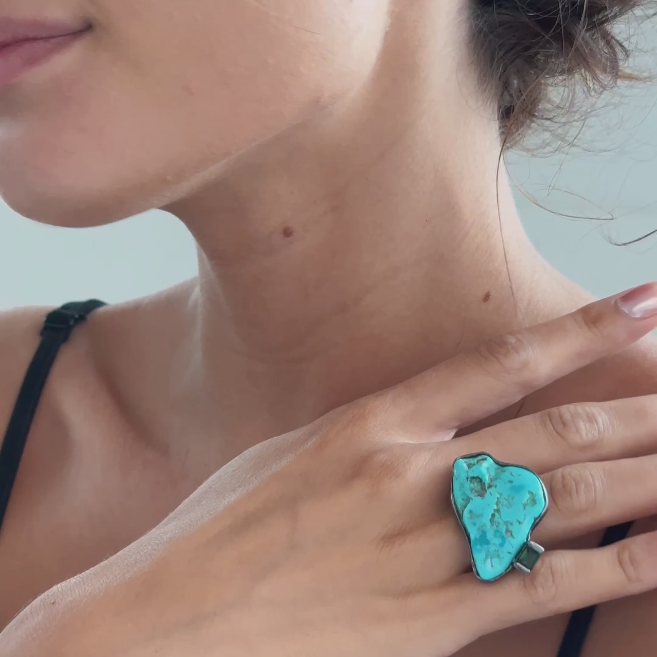Himmel Singular Design Rough Turquoise & Green Tourmaline Ring in 925 Sterling Silver
