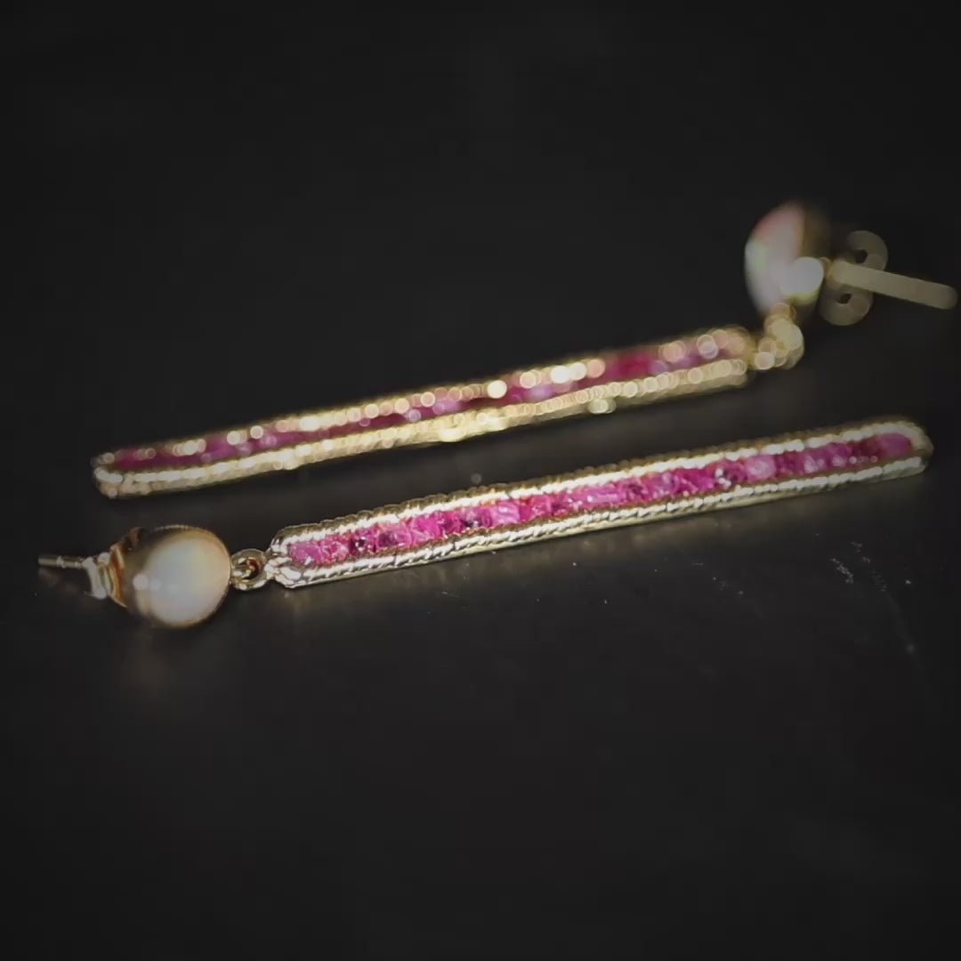 Calypso Statement Earrings with Natural Opal and Raw Pink Sapphire in Gold Plated Sterling Silver