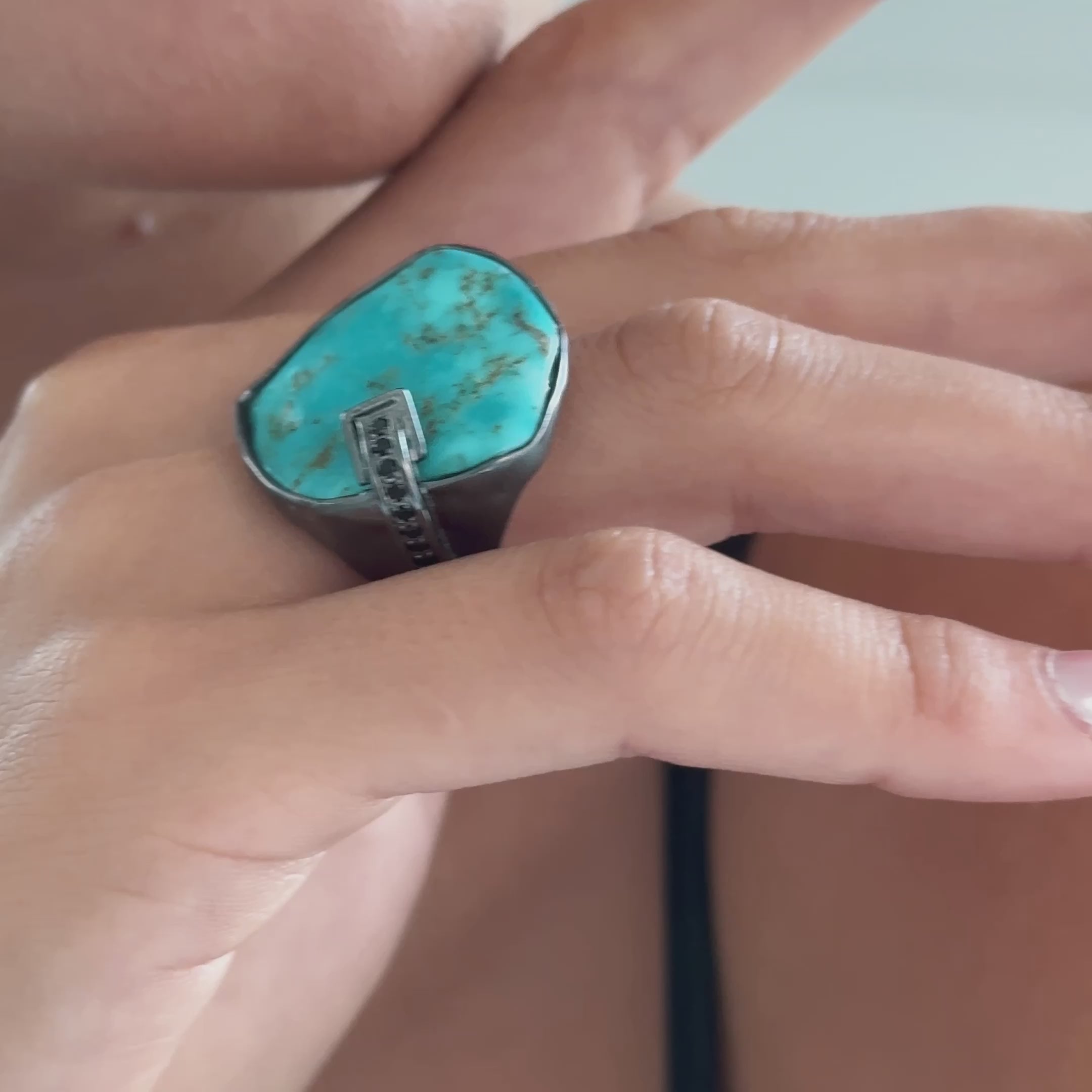 Mavis Singular Rough Turquoise & Black Spinel Statement Ring in Blackened 925 Silver