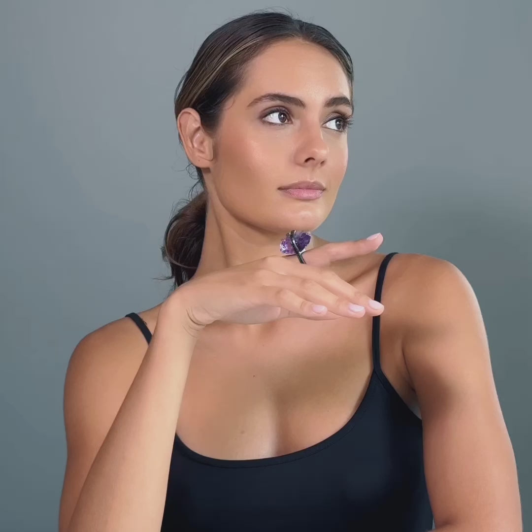 Creon Chunky Rough Amethyst and Black Spinel Singular Statement Ring in 925 Silver