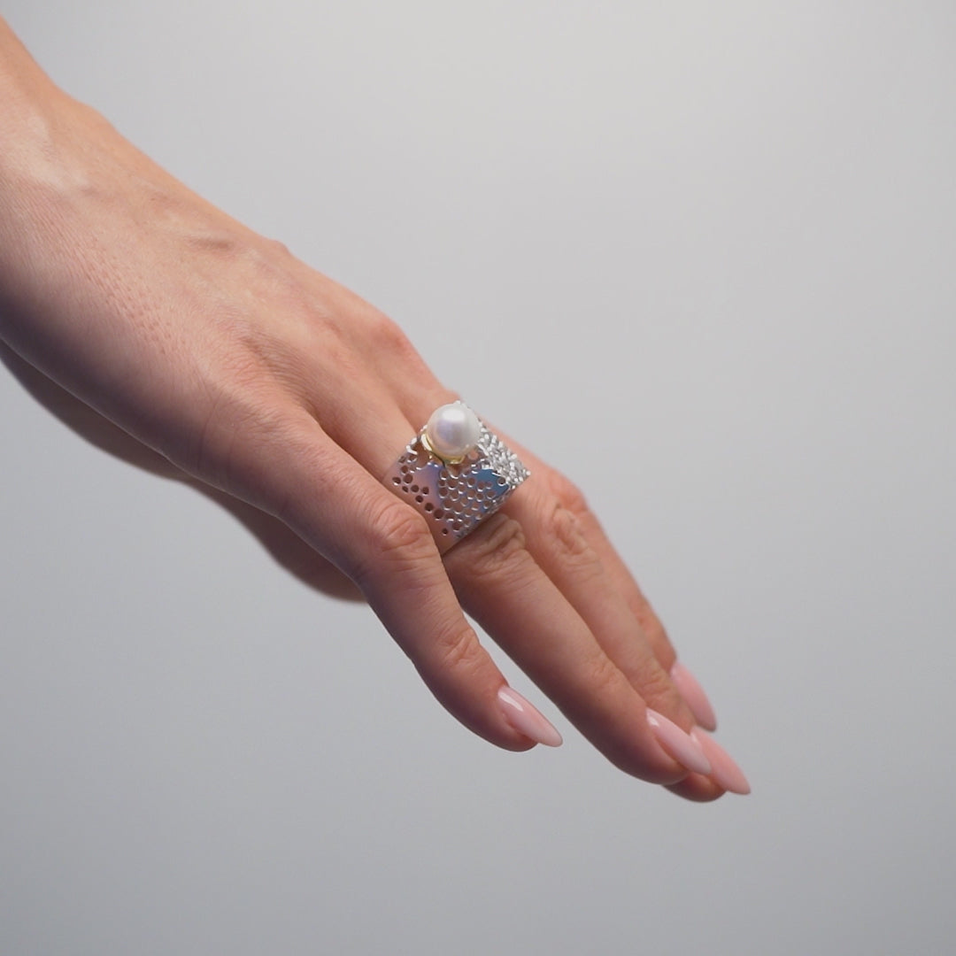 Devonia Irregular Sculptural 925 Silver Ring with Cultured White Pearl (White Rhodium and 18K Gold-Plated)