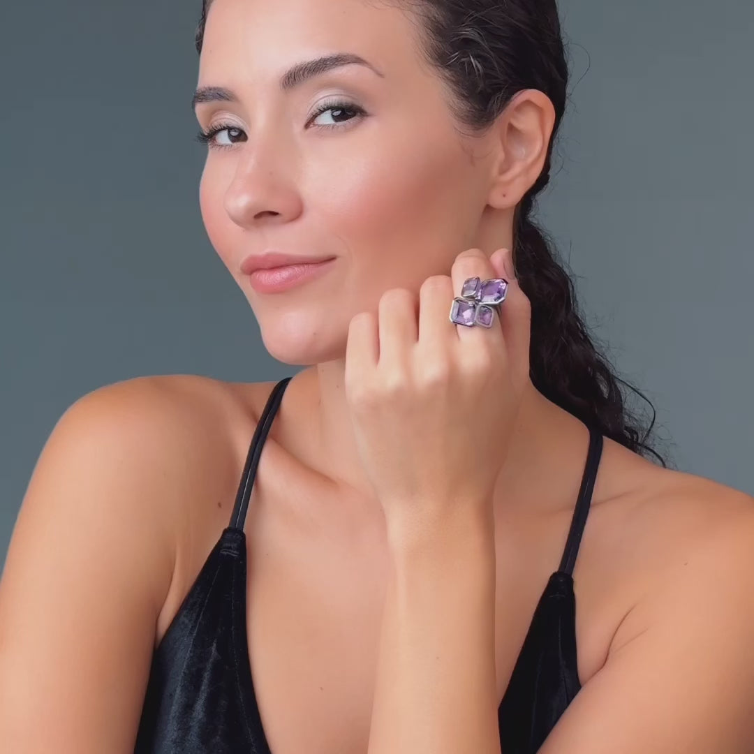 Acan Statement Ring with Natural Amethyst Crystals in Blackened Silver