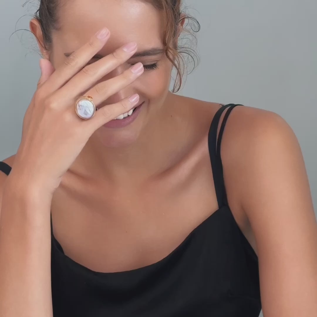 Ishele Handmade Gold-Plated Silver Ring with Baroque Pearl & Sapphire