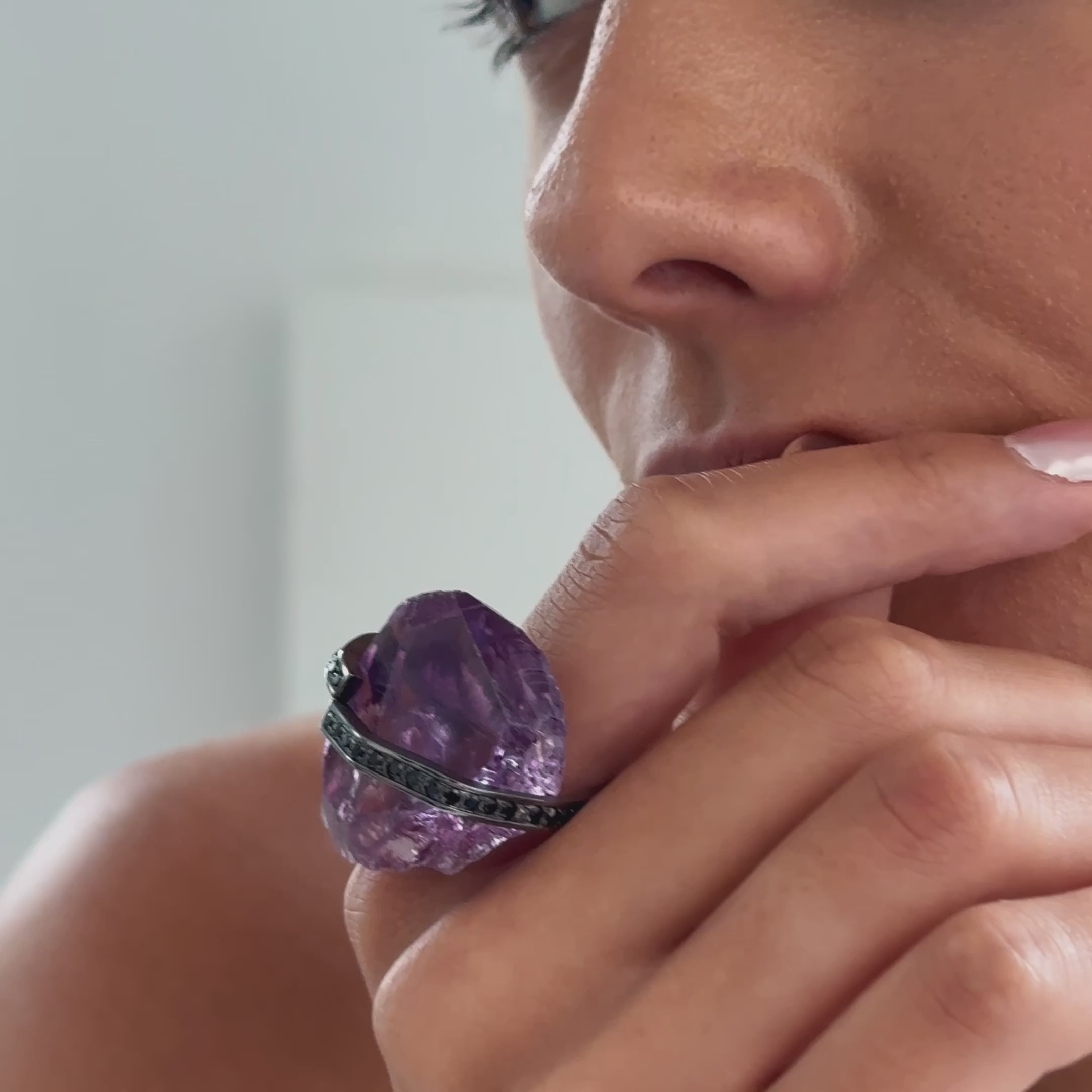Lila Rough Amethyst & Black Spinel Statement Ring in 925 Sterling Silver Plated with Rhodium
