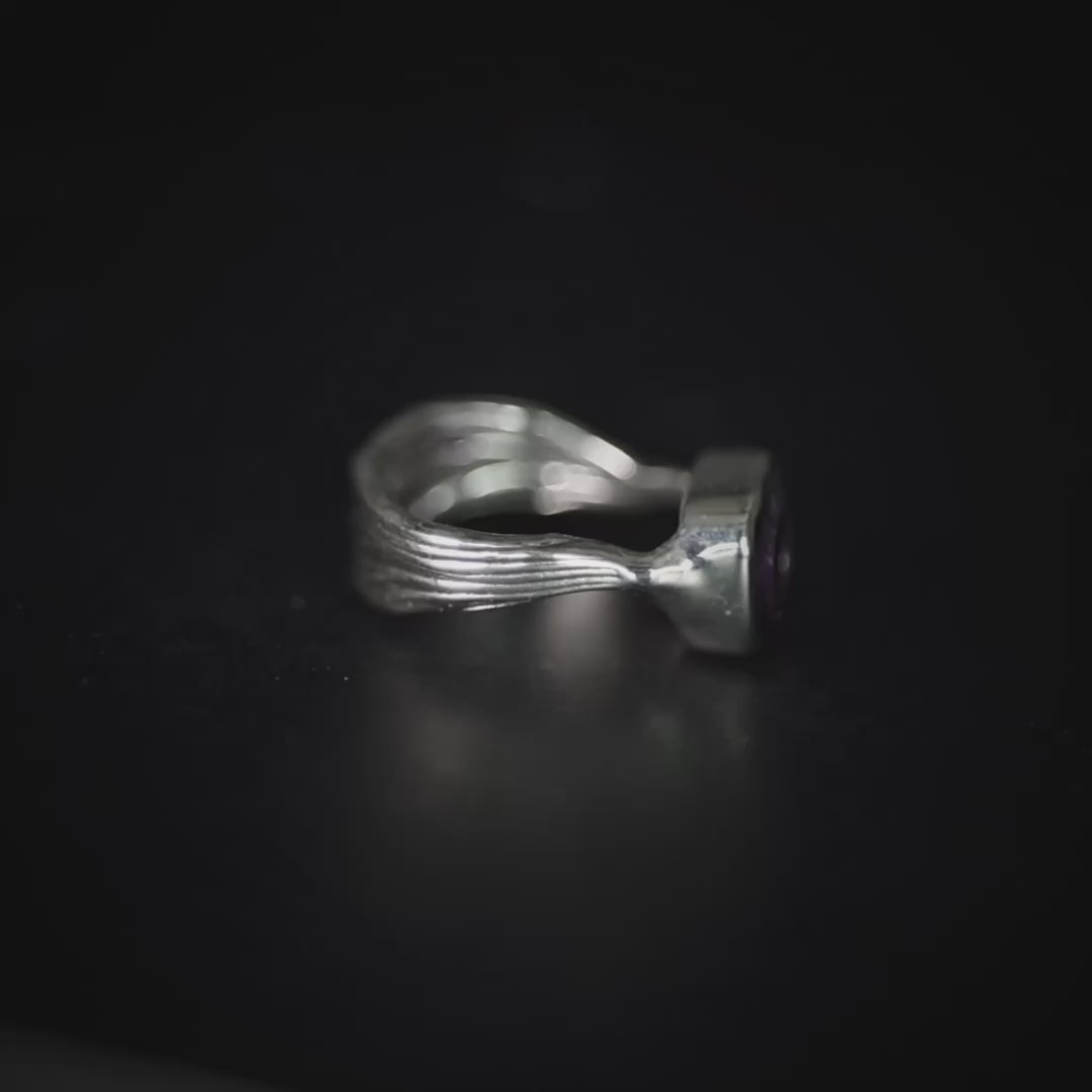 Seren Textured Ring in Oxidized Sterling Silver with Textured Surface and Natural Amethyst Cushion Cut