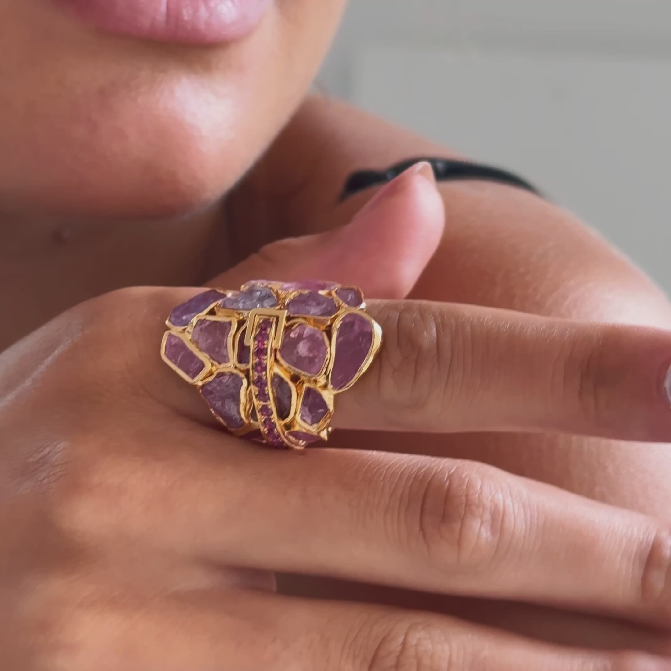 Hichel Rough Pink Sapphire and Rhodolite Ring