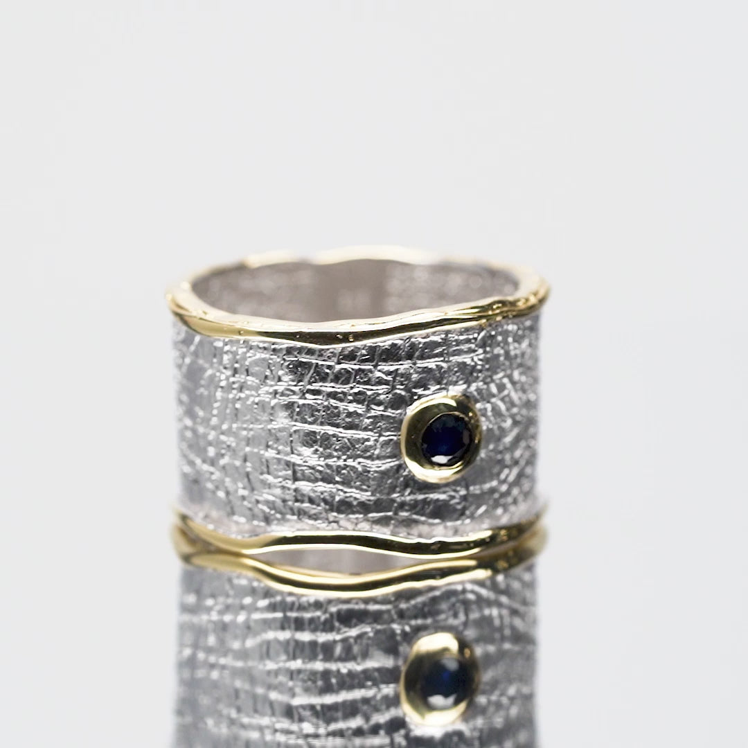Nedrila Iconic Design Blues Sapphire Textured Silver Ring in White Rhodium and 18K Gold