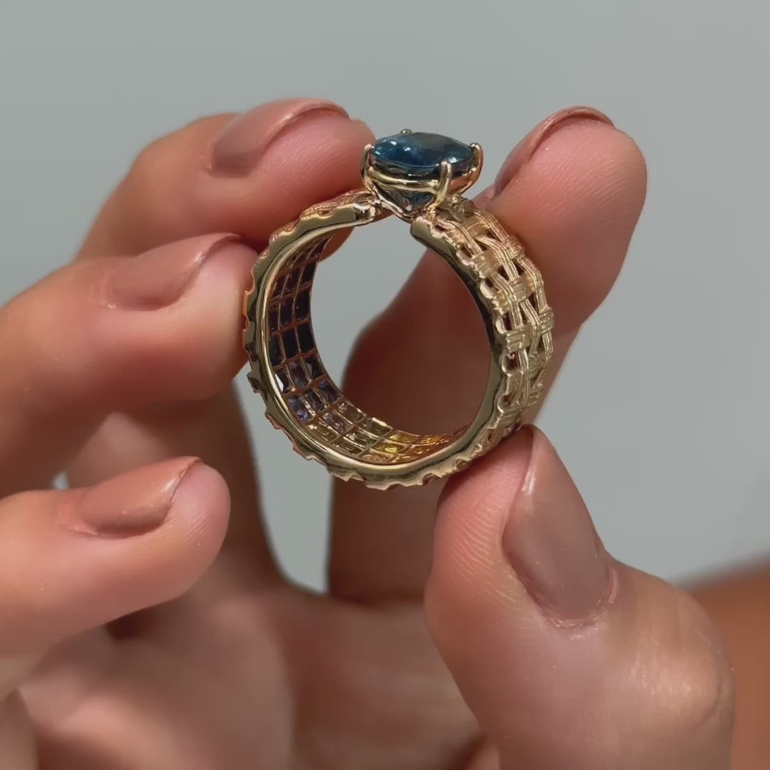Ego 14K Gold Ring with Oval-Cut Unheated Blue Sapphire & Sapphire Inlay on Inner Surface