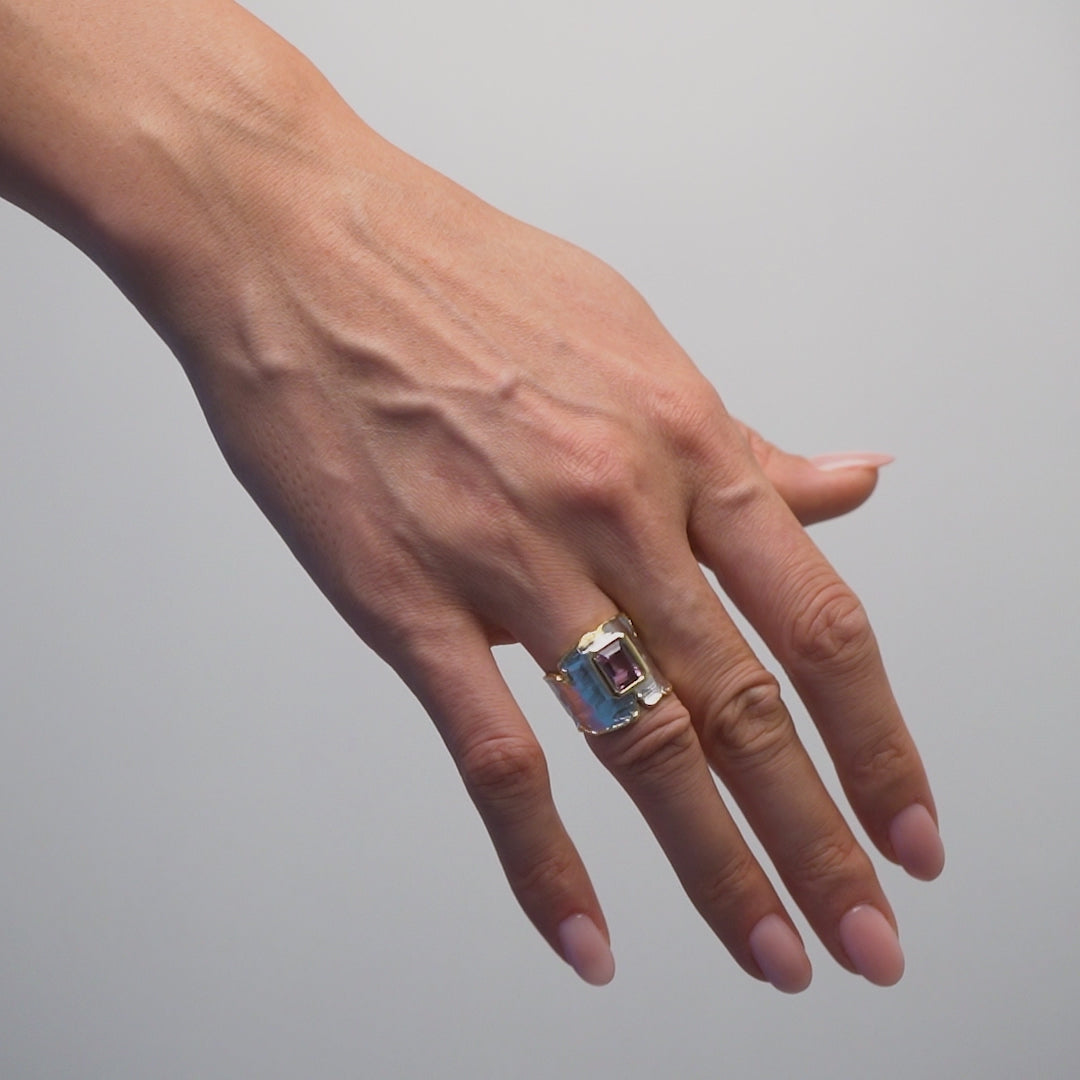 Cyra Iconic Octagon-Cut Amethyst Silver Ring in White Rhodium and 18K Gold