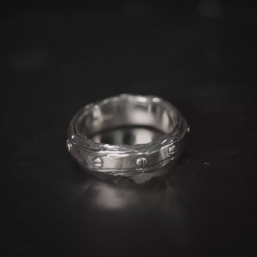 Karna Unisex Oxidized Silver Thin Layered Ring with Rivet Texture