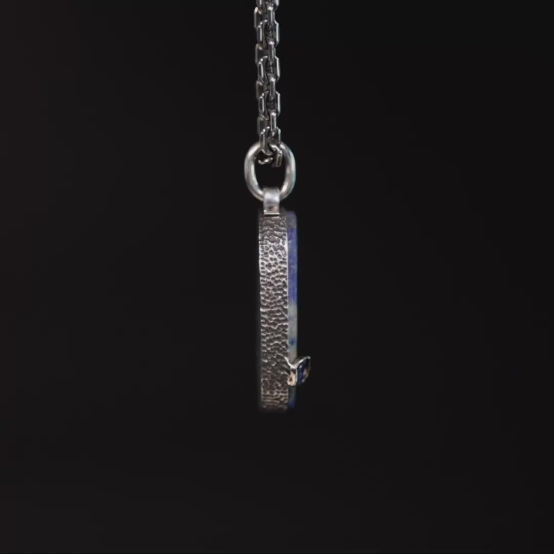Ormuzd Pendant with Authentic Ancient Near Eastern Lapis Lazuli Seal in 925 Silver & Raw Blue Sapphire in 9K Gold