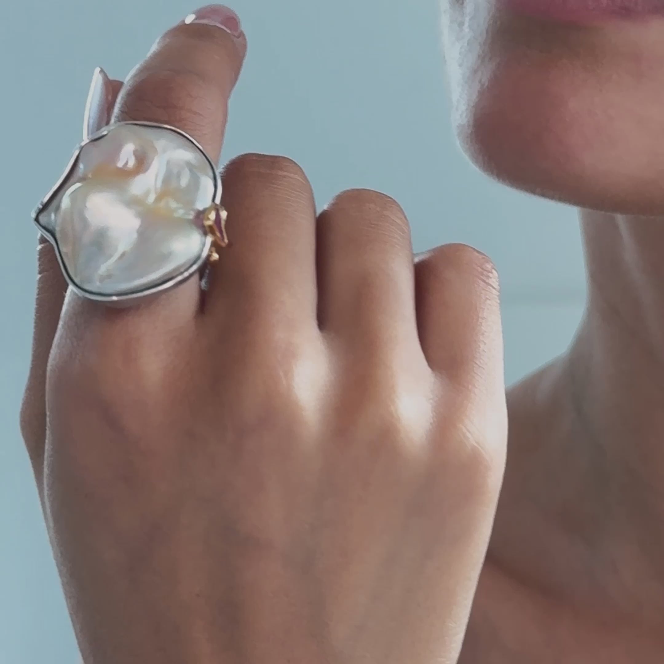 Nevas Baroque Pearl and Rough Ruby Ring