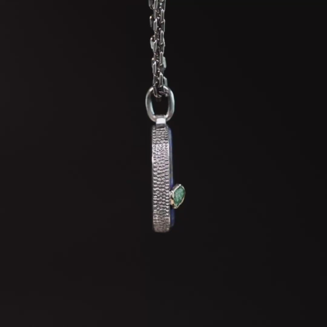 Xenos Pendant with Authentic Greco-Bactrian Lapis Lazuli Seal in 925 Silver & Rough Tsavorite Garnet in 9K Gold