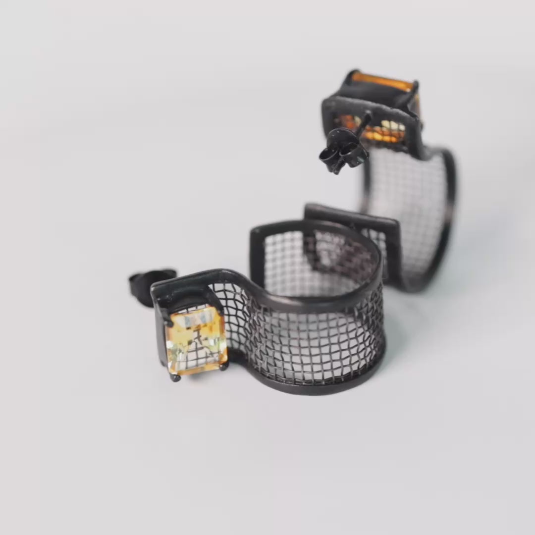 Tara Titanium Mesh and 925 Sterling Silver Earrings with Anthracite Plating and Citrines
