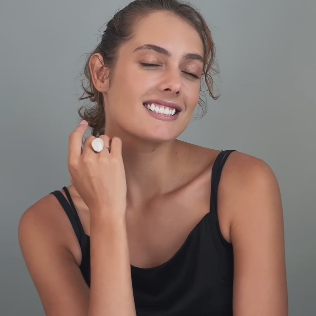 Laurel Handmade Open Band Silver Ring with Baroque Pearl & Rhodolite