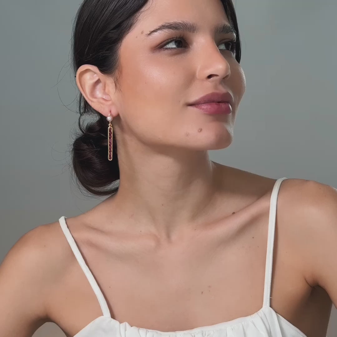 Puro Asymmetric Gold-Plated Sliver Earrings with Pearl & Ruby