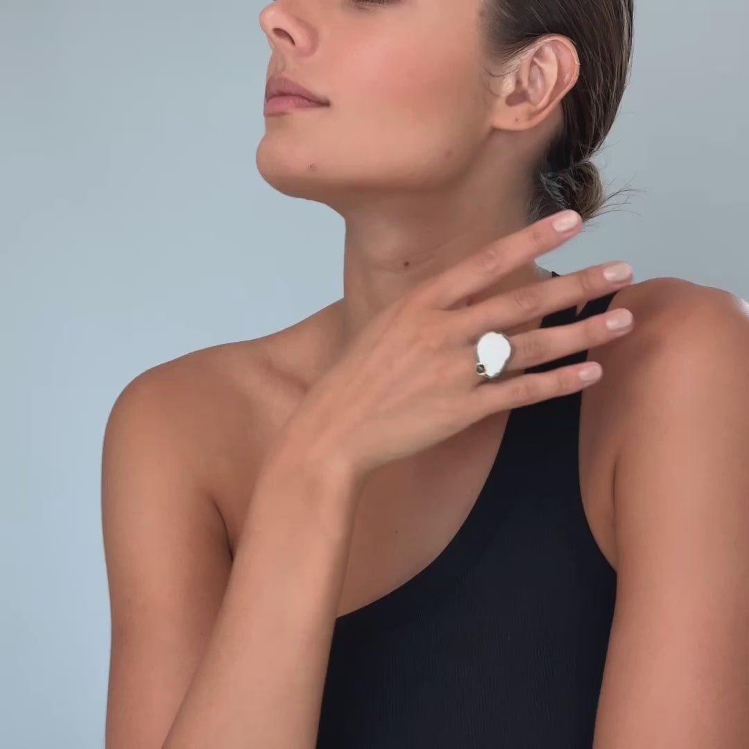 Pollei Statement Silver Ring with Baroque Pearl & Blue Sapphire