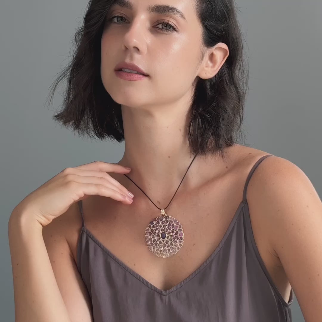 Verano 14K Gold Round Pendant with Amethyst, Natural Untreated Raw Sapphire & Diamonds