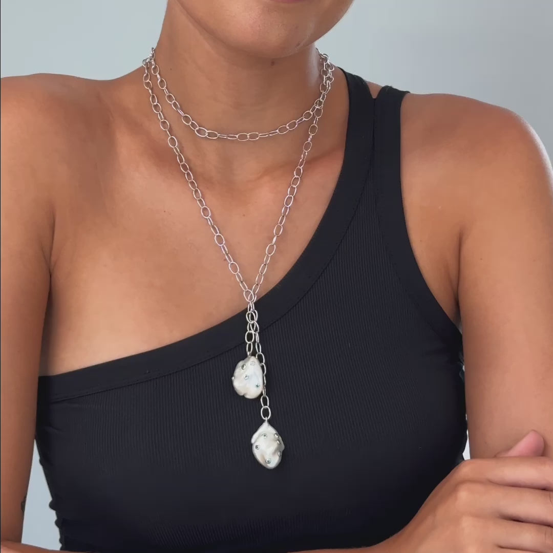Cadena Silver Necklace with Blue Topaz-Encrusted Baroque Pearls