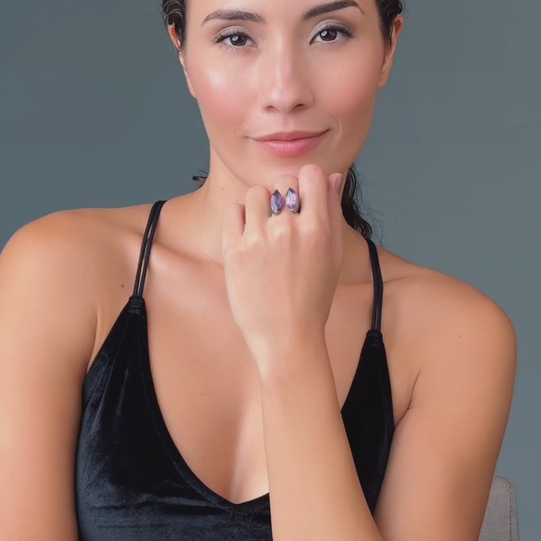 Roones Open Design Blackened 925 Silver Ring with Princess-cut Amethyst