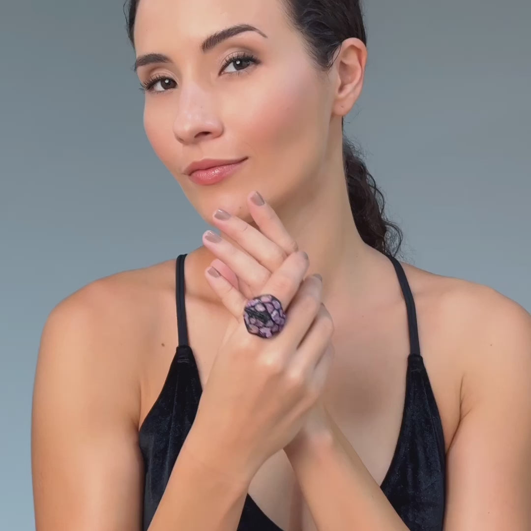 Klaid Stained Glass Black Silver Ring with Natural Raw Pink Sapphire & Spinel
