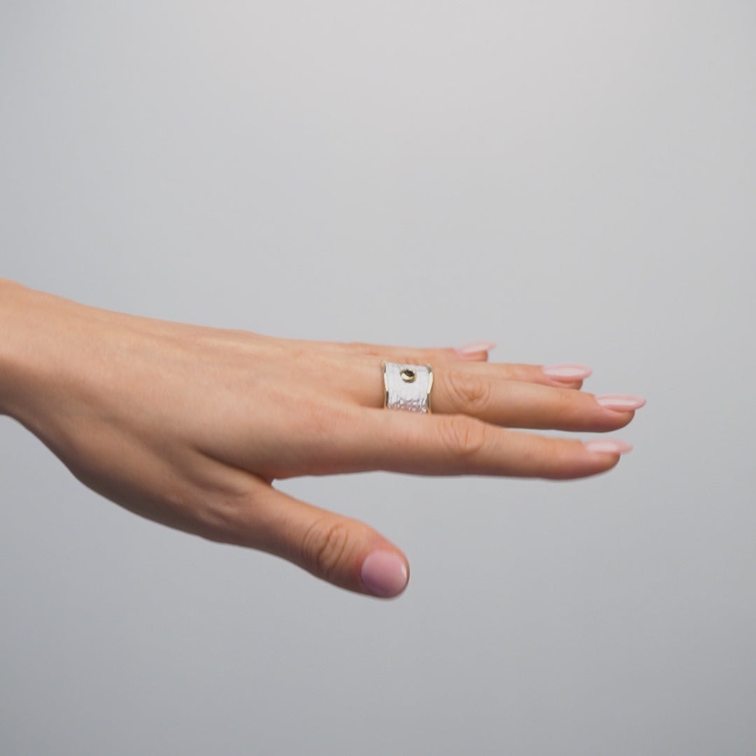 Nedrila Iconic Design Blues Sapphire Textured Silver Ring in White Rhodium and 18K Gold