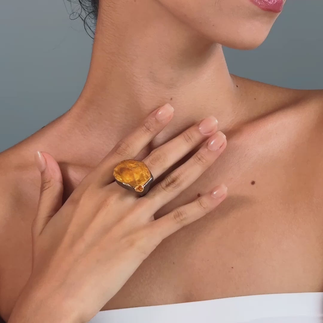 Kaus Singular Designer Ring with Natural Raw Citrine & Pink Sapphire