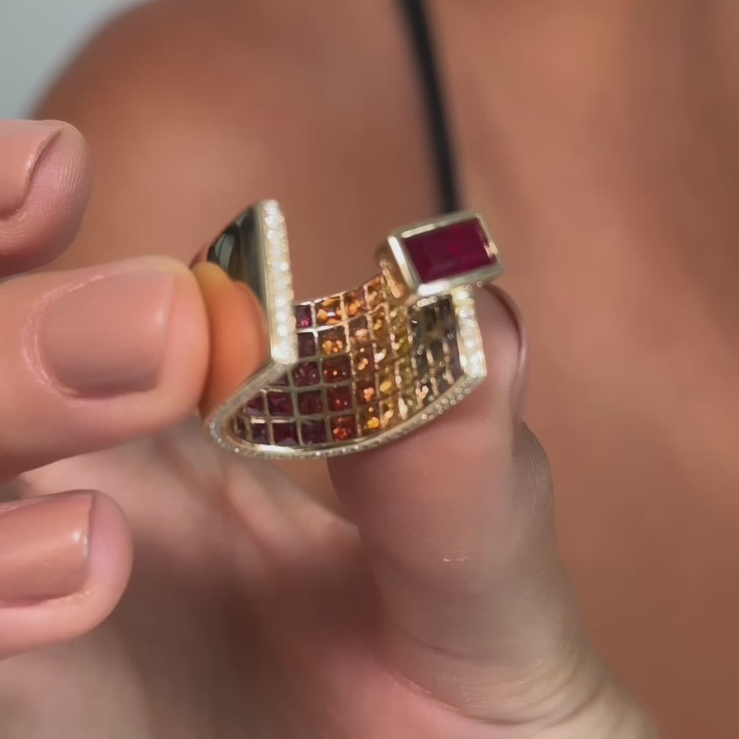 Mei Open 14K Gold Ring with Octagon-Cut Ruby, Diamond & Mixed Sapphire Inner Inlay
