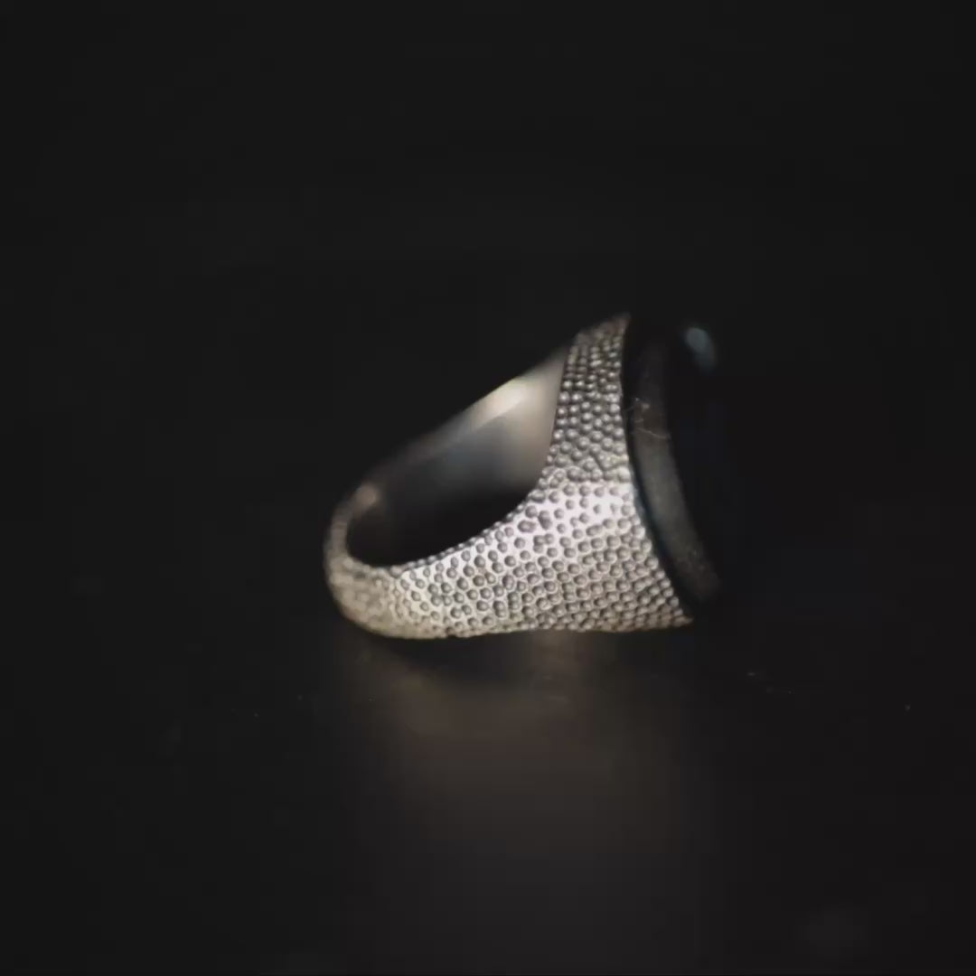 Asp 925 Silver Signet Ring with Genuine Mesopotamian Hematite Horse Seal & Raw Spinel in 9K Gold