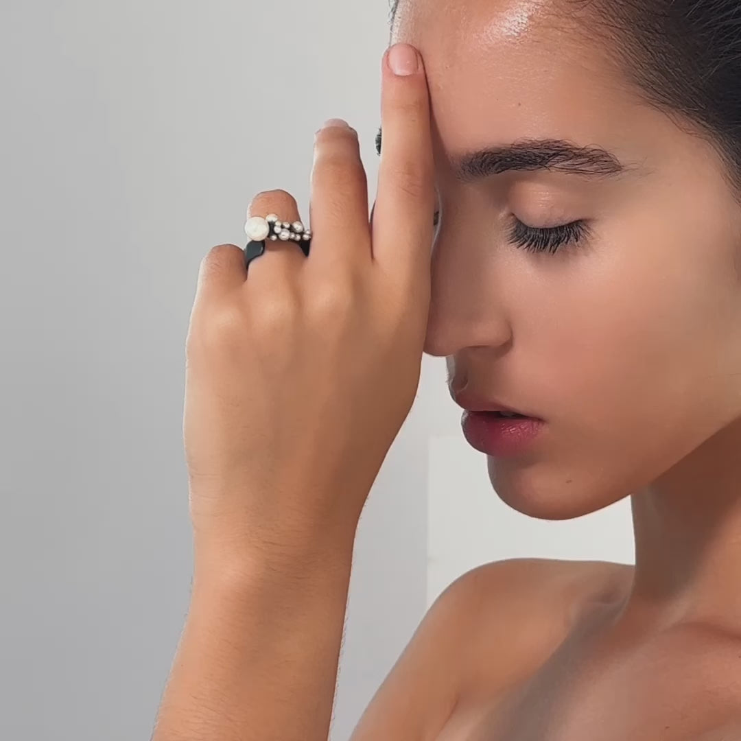 Nerida Black Sterling Silver Open Ring with White Micro Pearl