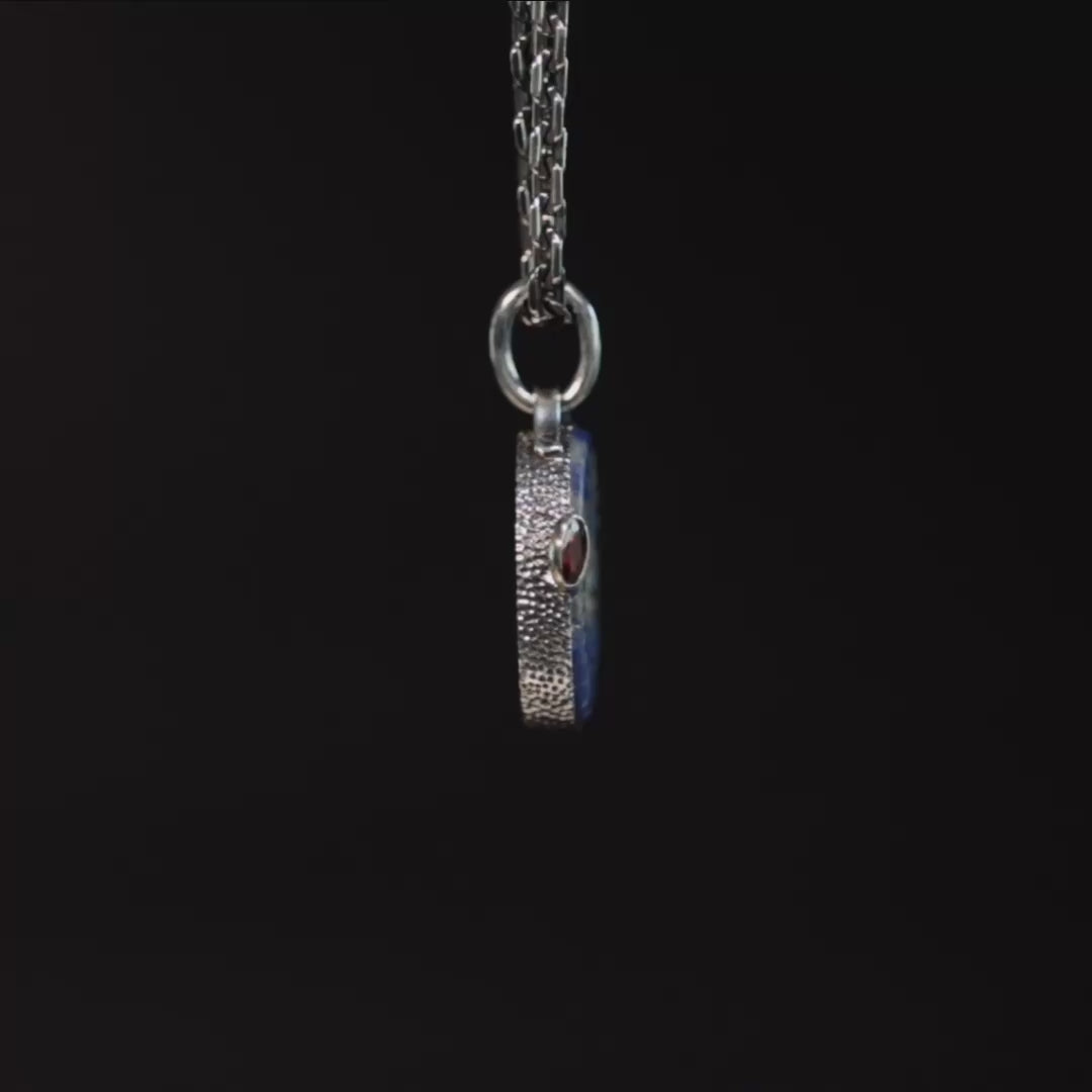 Arion Pendant with Ancient Greek Lapis Lazuli Seal in Oxidized 925 Silver & Orange Sapphire in 9K Gold