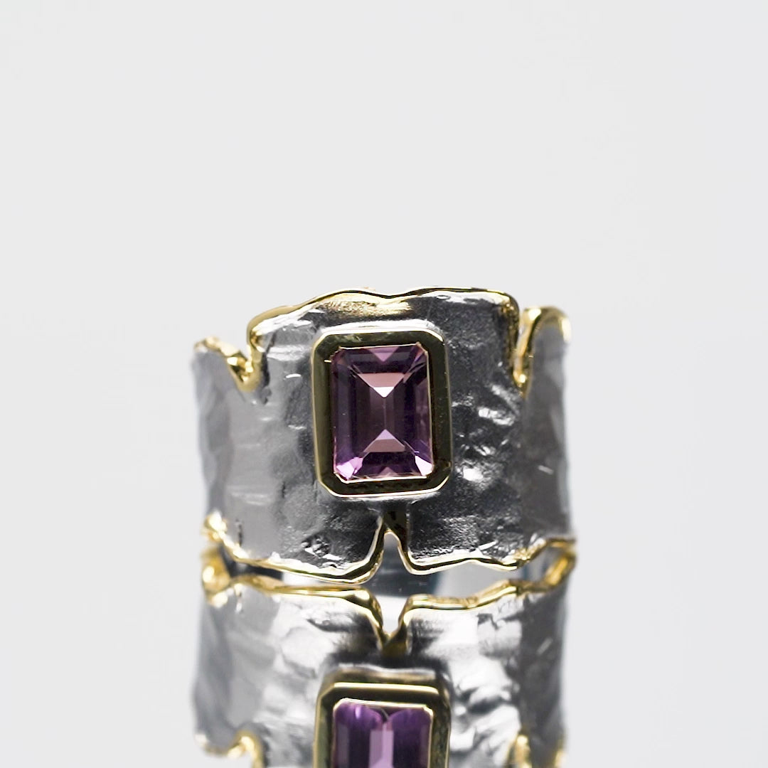 Cyra Iconic Octagon-Cut Amethyst Silver Ring in White Rhodium and 18K Gold