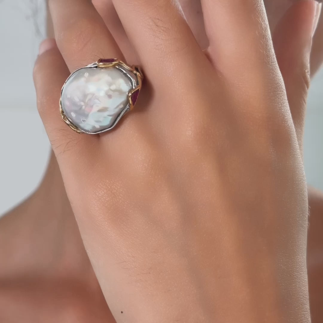 Ono Baroque Pearl and Rough Ruby Ring (White Rhodium and 18K Gold)