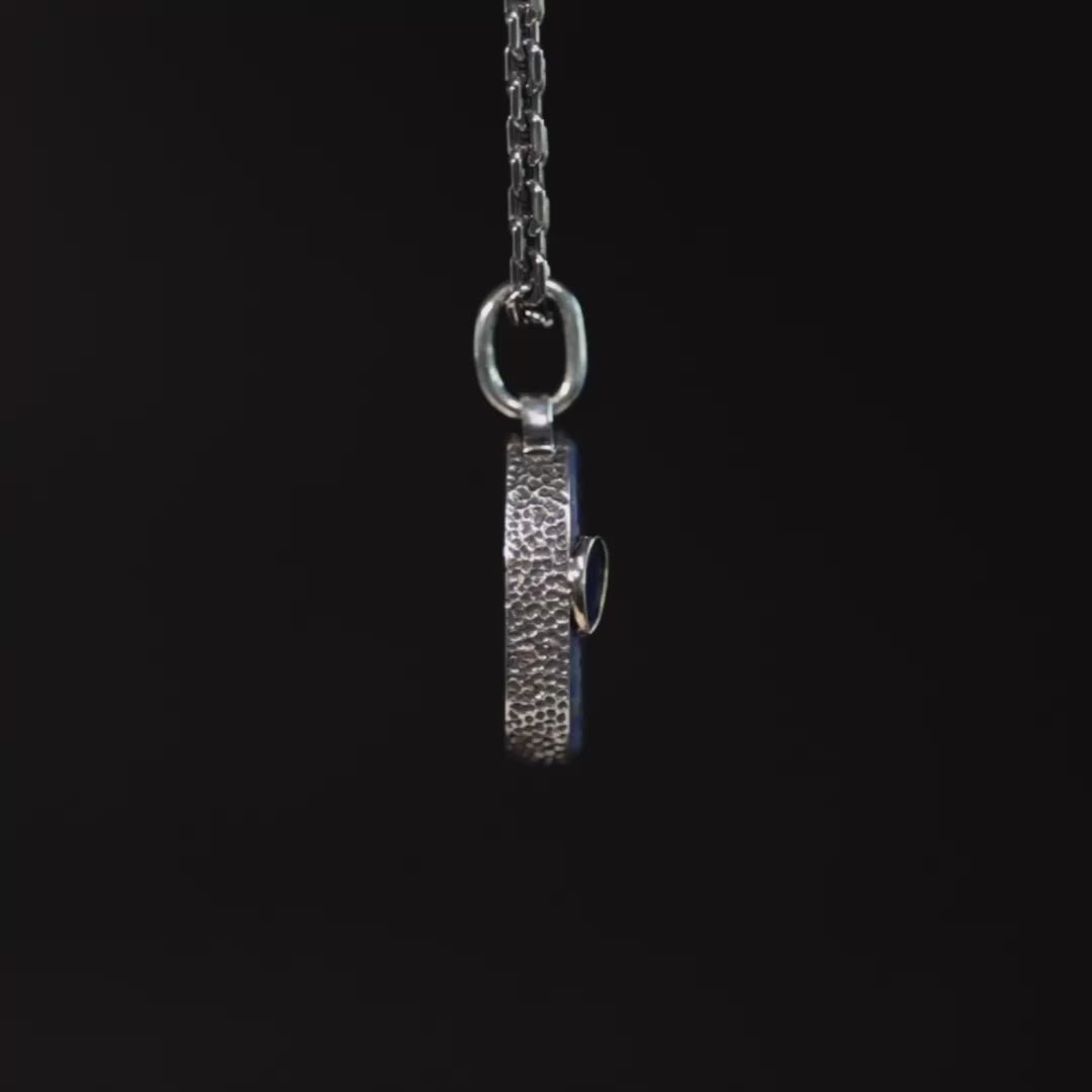 Elaphria Pendant with Authentic Hellenic Lapis Lazuli Seal in Oxidized 925 Silver & Blue Sapphire in 9K Gold