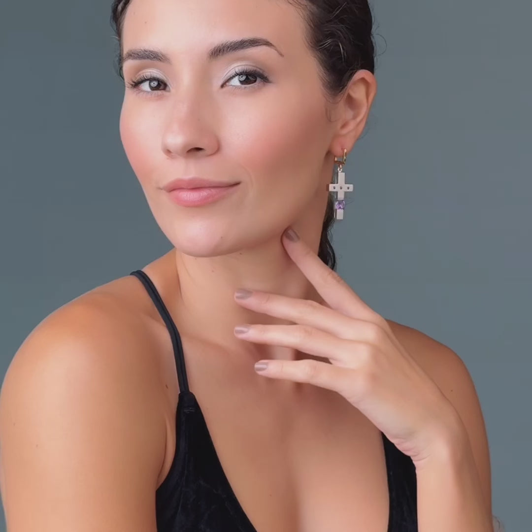 Meduna Asymmetric Modern Silver Earrings with Natural Amethyst