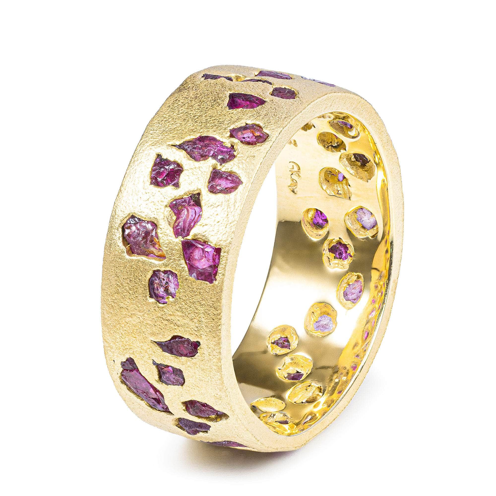 Pyra Barrel Ring with Raw Ruby Fused into the 14K Gold Plated Sterling Silver Band
