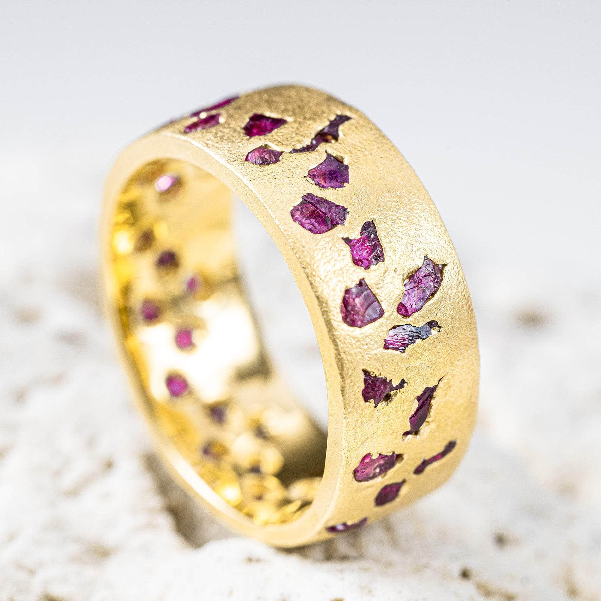 Pyra Barrel Ring with Raw Ruby Fused into the 14K Gold Plated Sterling Silver Band