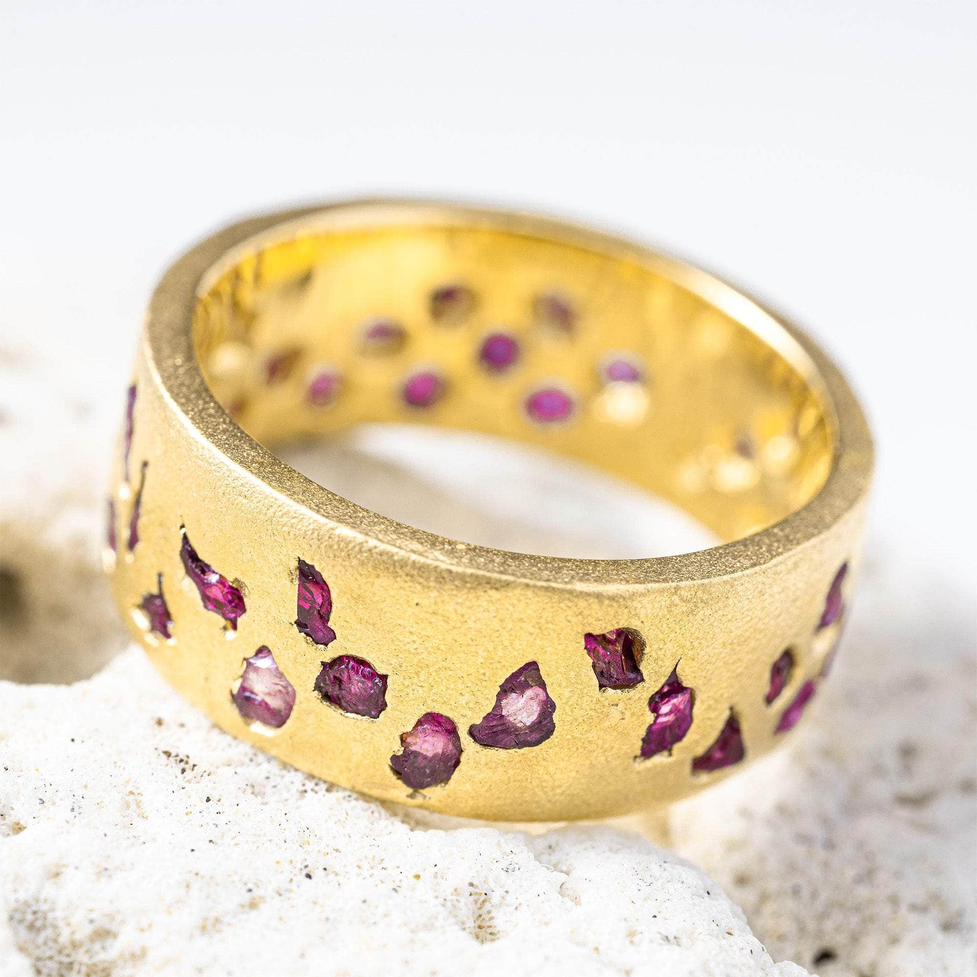 Pyra Barrel Ring with Raw Ruby Fused into the 14K Gold Plated Sterling Silver Band