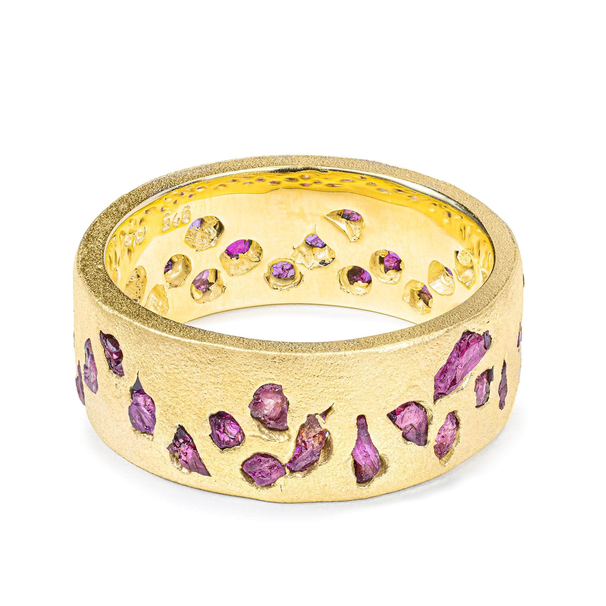 Pyra Barrel Ring with Raw Ruby Fused into the 14K Gold Plated Sterling Silver Band