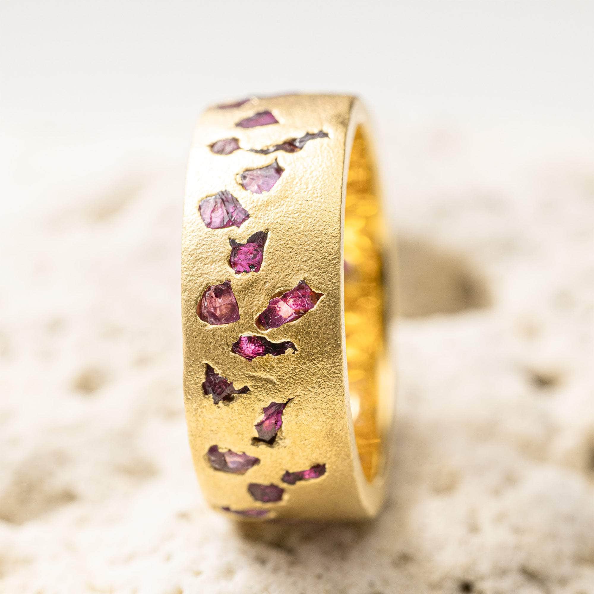 Pyra Barrel Ring with Raw Ruby Fused into the 14K Gold Plated Sterling Silver Band