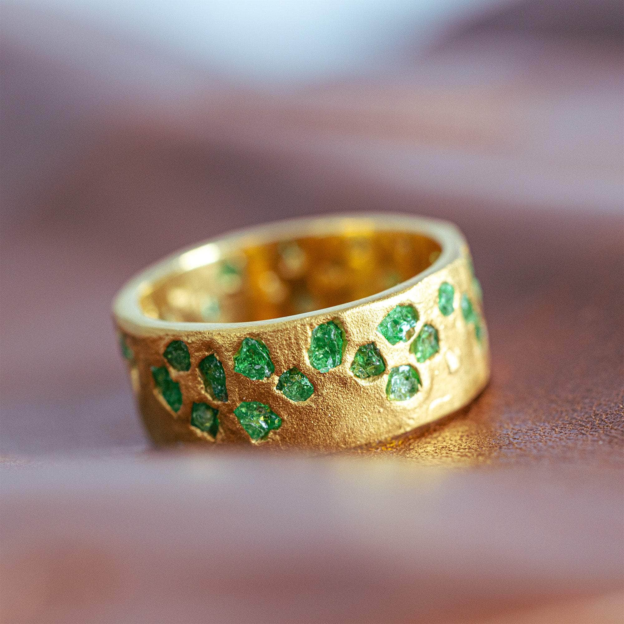 Pyra Barrel Ring with Raw Tsavorite Fused into the 14K Gold Plated Sterling Silver Band