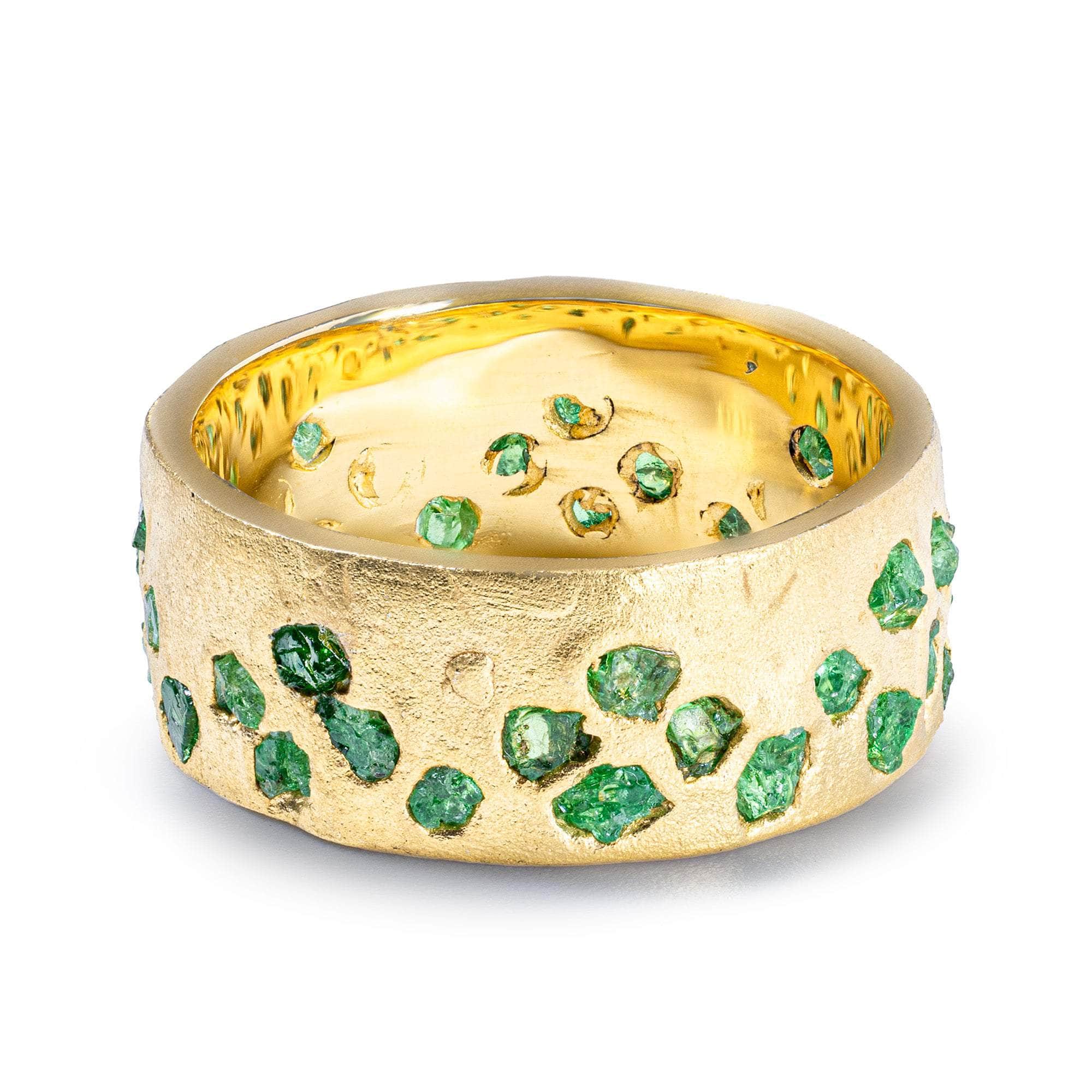 Pyra Barrel Ring with Raw Tsavorite Fused into the 14K Gold Plated Sterling Silver Band
