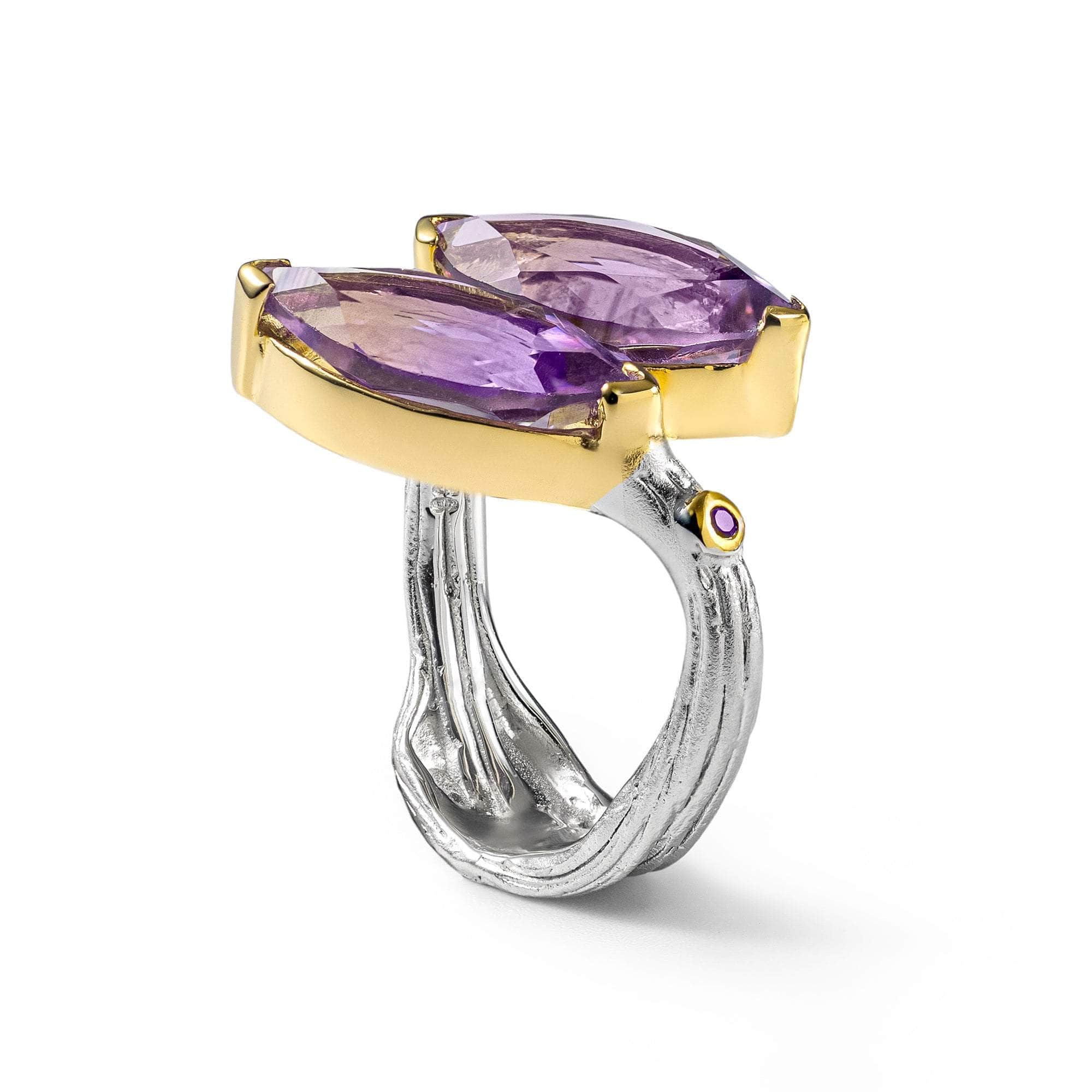 Rauge Open Band Symmetric Design Natural Amethyst Ring in 925 Sterling Silver (White Rhodium & 18K Gold-Plated)