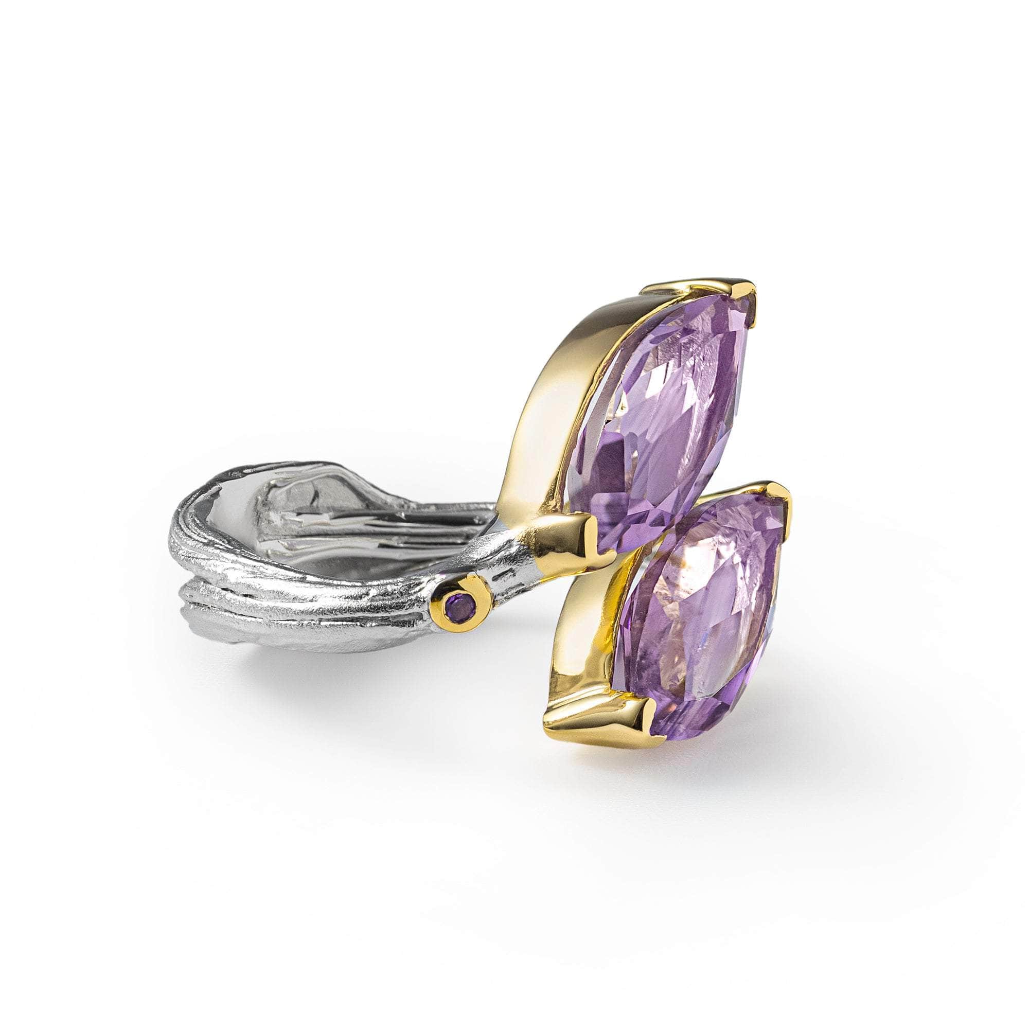 Rauge Open Band Symmetric Design Natural Amethyst Ring in 925 Sterling Silver (White Rhodium & 18K Gold-Plated)